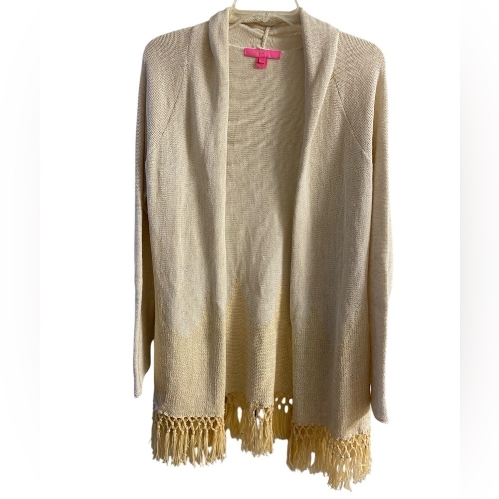 Lilly Pulitzer signature store Tatum cardigan beige fringed bottom Medium